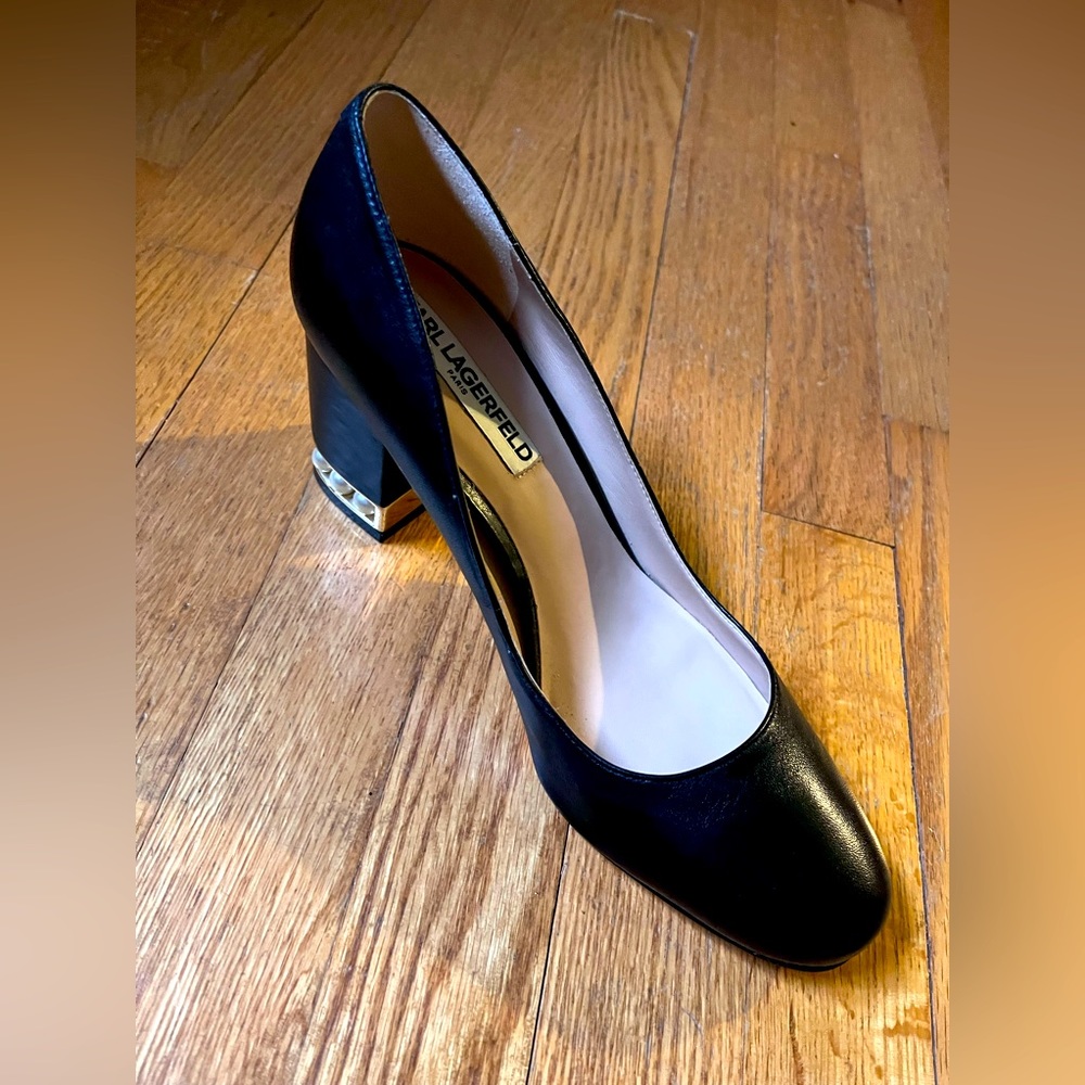 EUC Karl Lagerfeld Sallie “pearl” block heel leather pumps with round toe